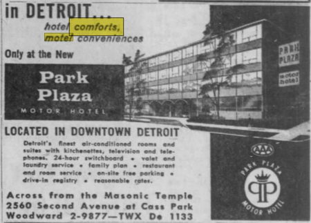 Park Plaza Motor Hotel - 10 Nov 1957 Ad